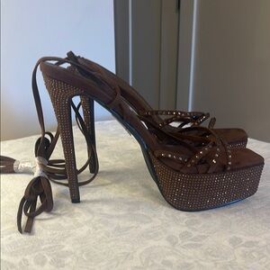 Brown Strappy Platform Heels with Studs